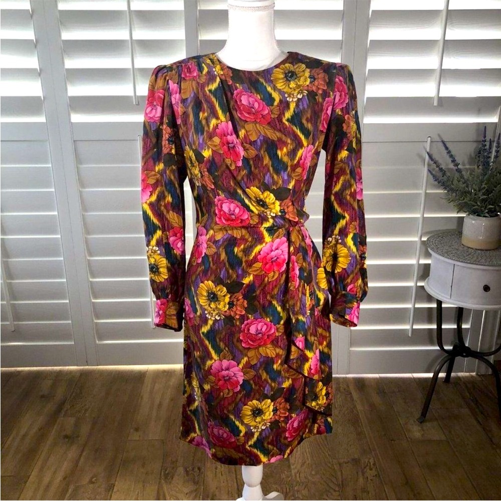 New Vtg Pat Argenti Collection 100% Silk Dress 12 Pink Floral Long Sleeve 80S